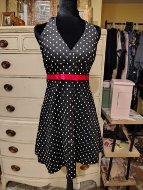 Pulse Vintage 80s Polka Dot Halter Dress Red Sash Ribbon Built-in Petticoat